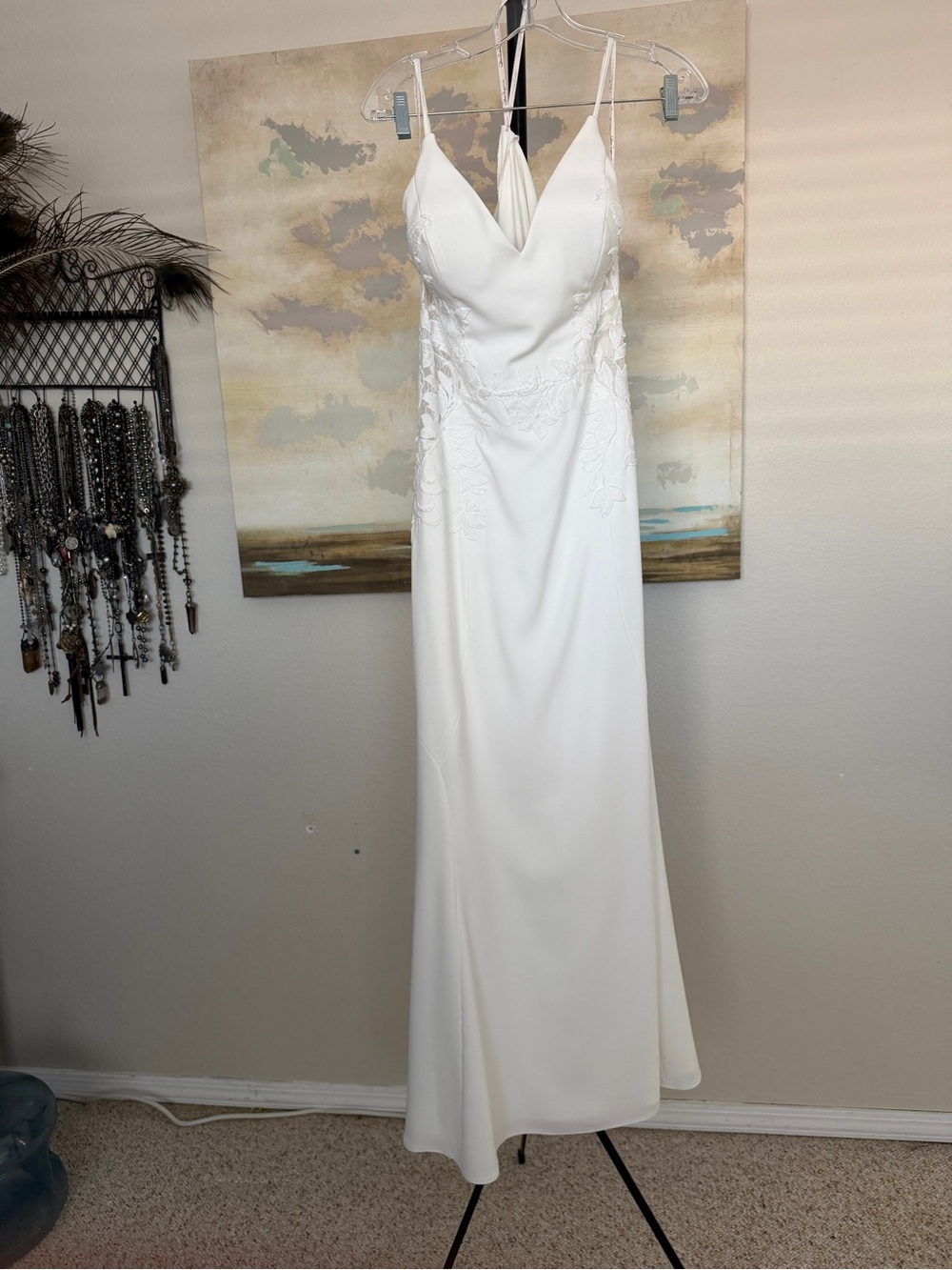 White Spaghetti Strap Wedding Gown with Lace Appliqué